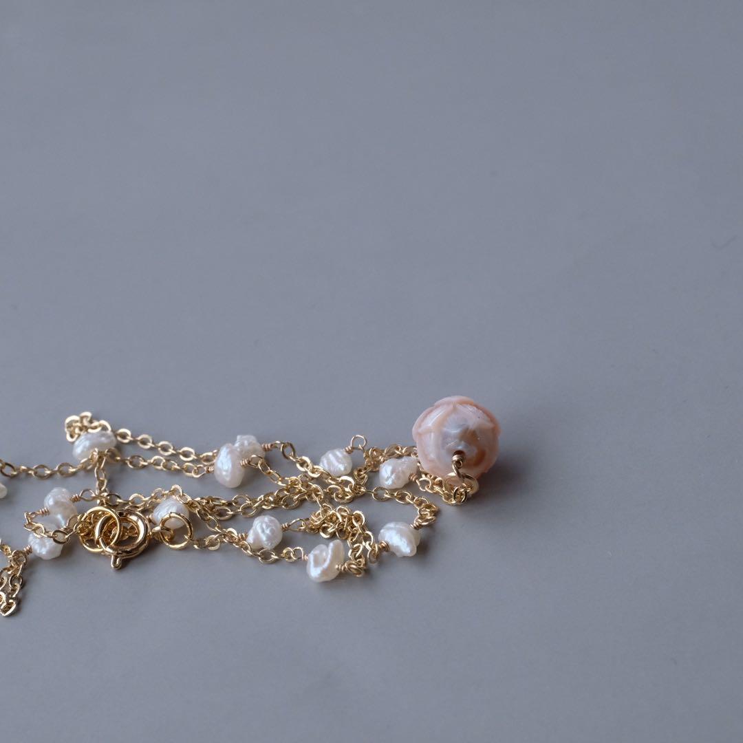 14kgf白蝶真珠蓮カービングネックレス