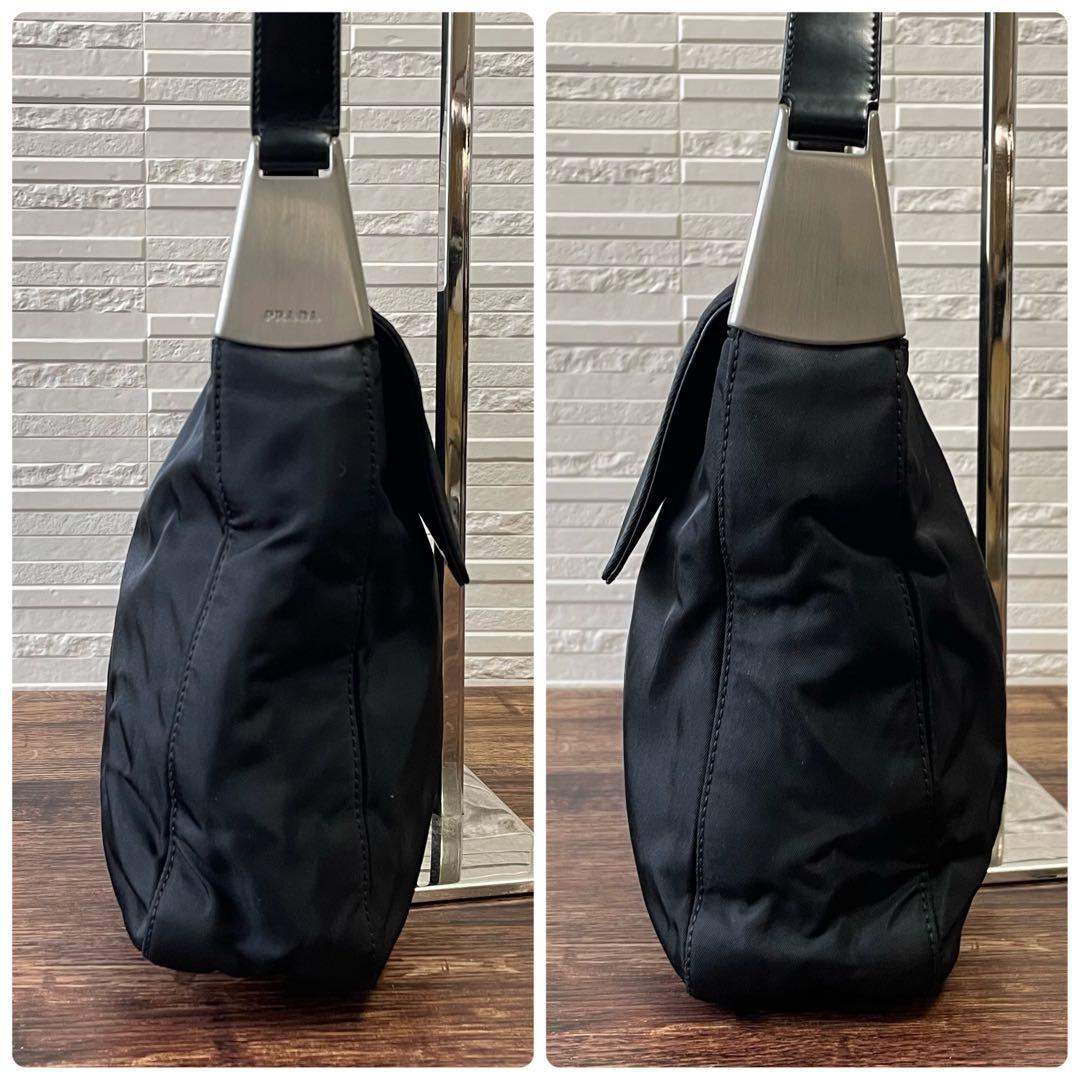 良品 プラダ ナイロン×レザー ワンショルダー バッグ フラップ ブラック.