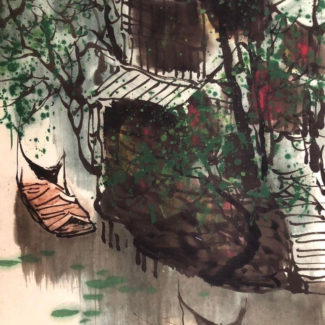 中国画 吴冠中《四季如春》水郷風景 四条屏 掛け軸／床の間・和室・茶室・店舗装飾