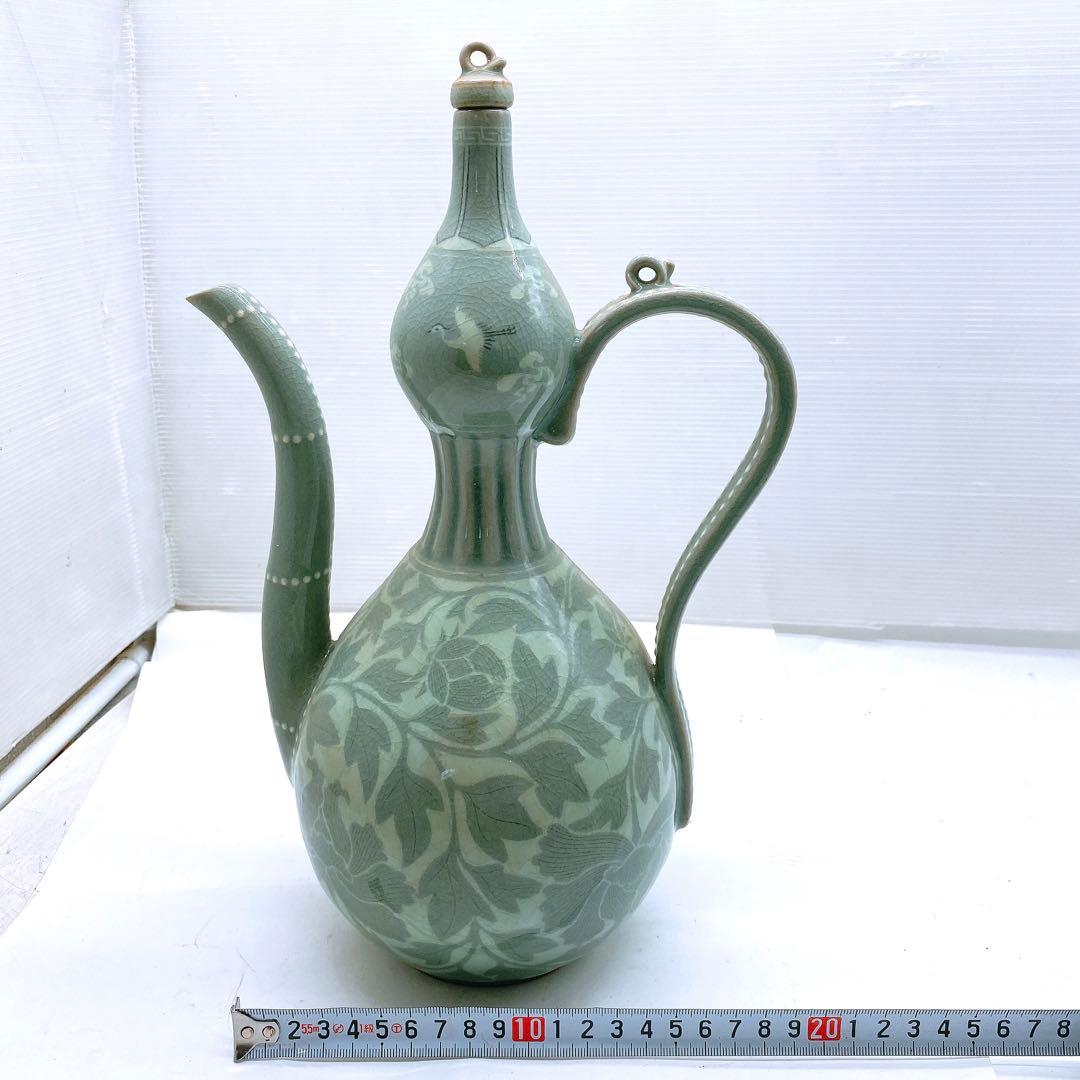 J*1様 希少 韓国人間国宝 ユへガン 柳海剛 高麗青磁 グリーン水注 花柄 テ