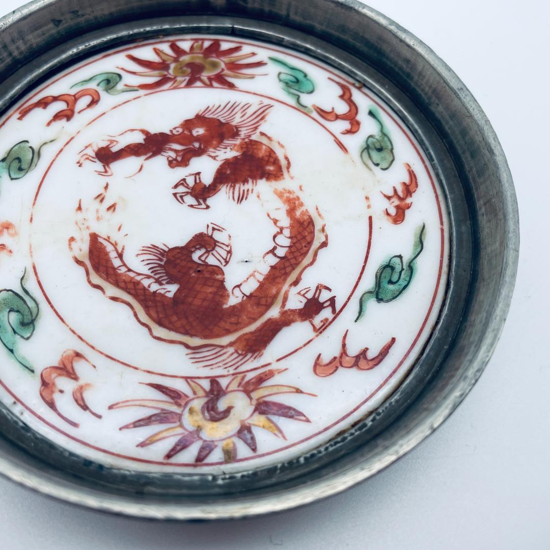 【明】五彩 龍紋包錫 茶托 共仕覆 景徳鎮 中国美術 中国古玩