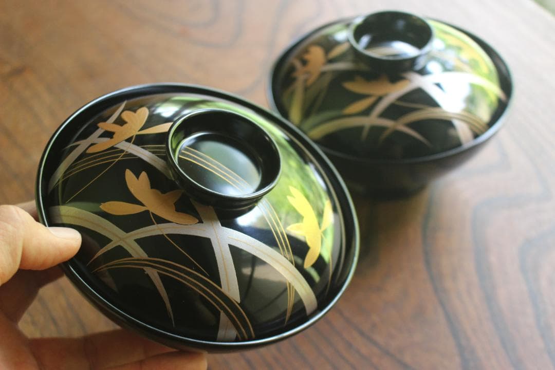 デッドストック！端正な黒漆に極上蘭蒔絵の美しいお椀2点（検輪島塗蒔絵椀雑煮椀