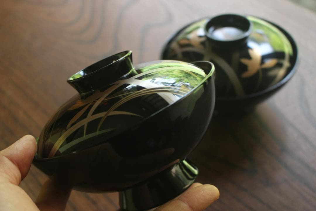 デッドストック！端正な黒漆に極上蘭蒔絵の美しいお椀2点（検輪島塗蒔絵椀雑煮椀