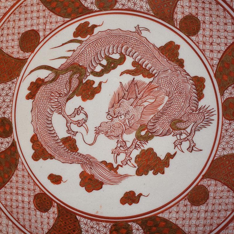 九谷焼　古九谷　赤絵八郎手　龍文　三つ組入れ子　菓子鉢　時代箱　G　R9171H