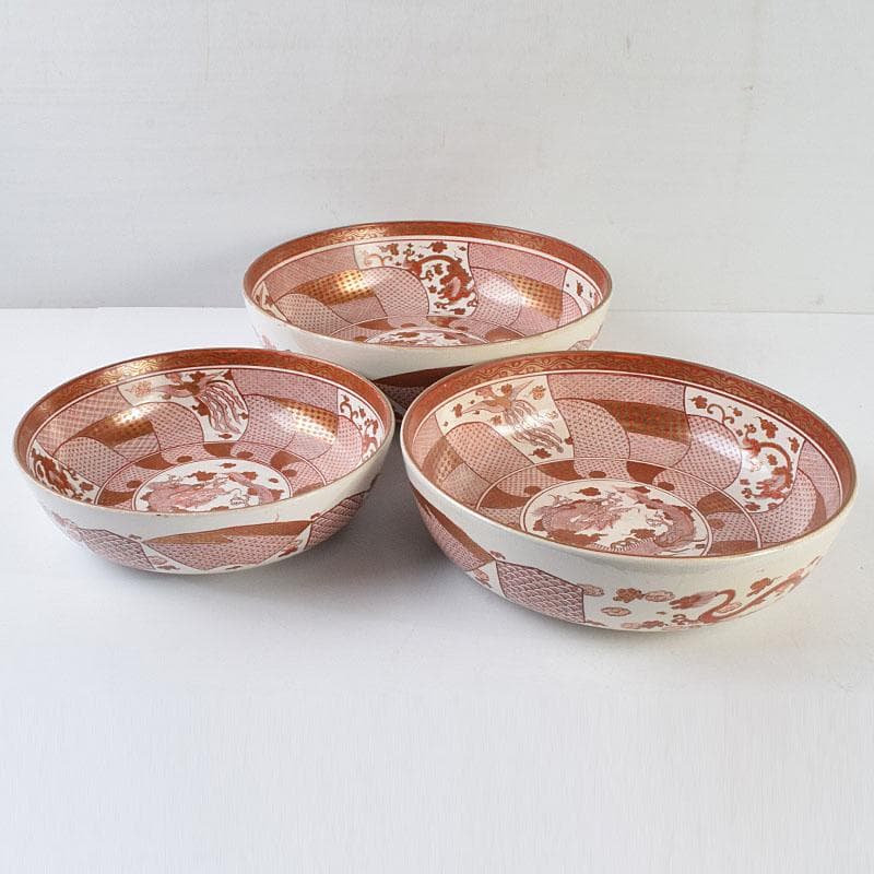 九谷焼　古九谷　赤絵八郎手　龍文　三つ組入れ子　菓子鉢　時代箱　G　R9171H