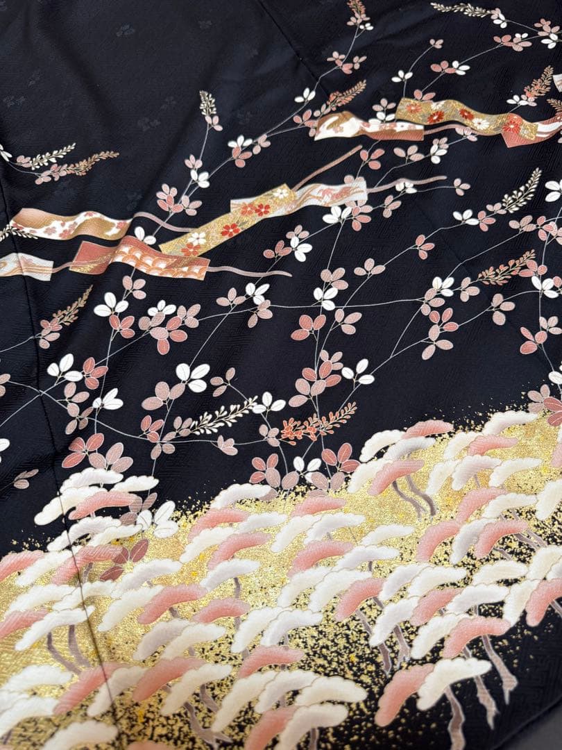 【極美品】京都染匠名門「染の川勝謹製」黒地「松萩文様 舞扇文様」手描き京友禅