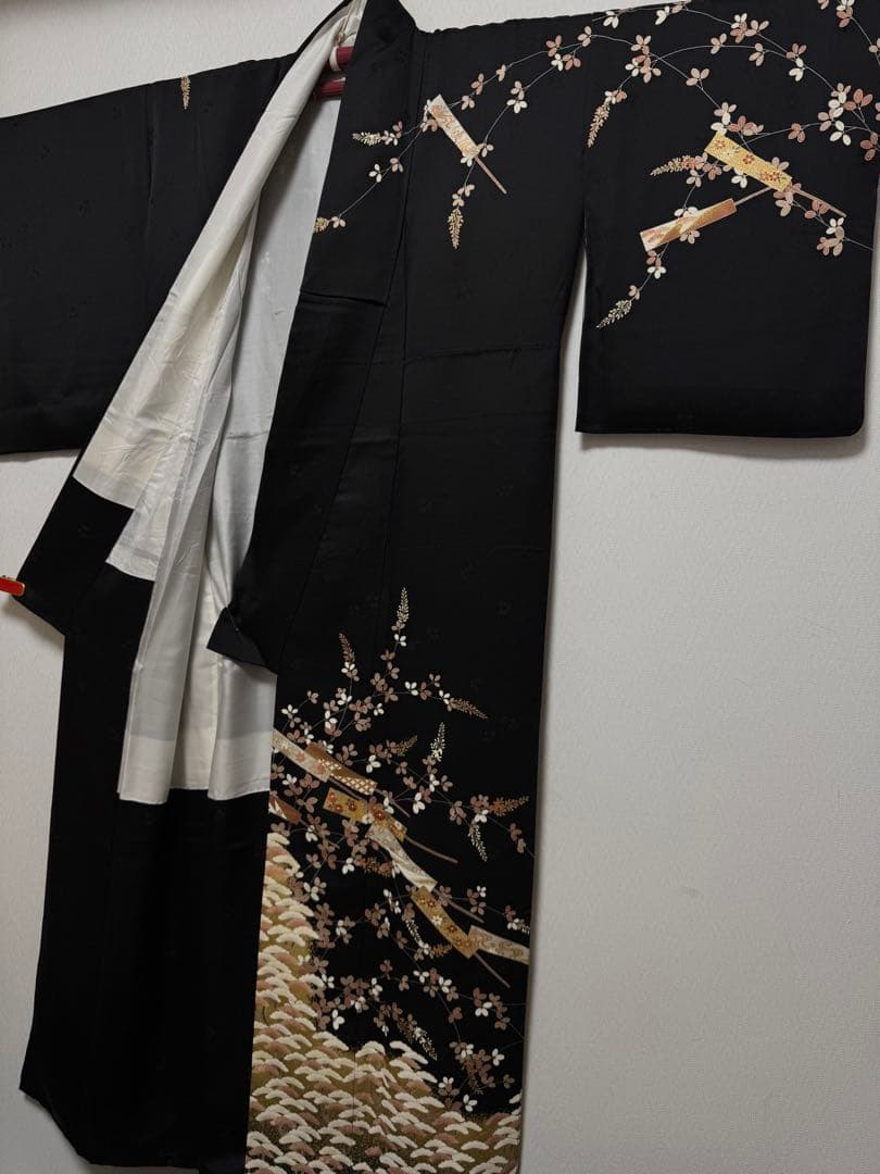 【極美品】京都染匠名門「染の川勝謹製」黒地「松萩文様 舞扇文様」手描き京友禅