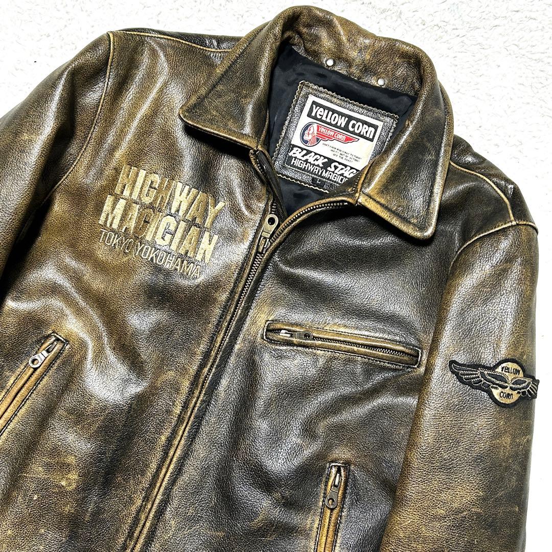 YeLLOW CORN シングルライダース 金刺繍 ロゴ ワッペン ブラウン L