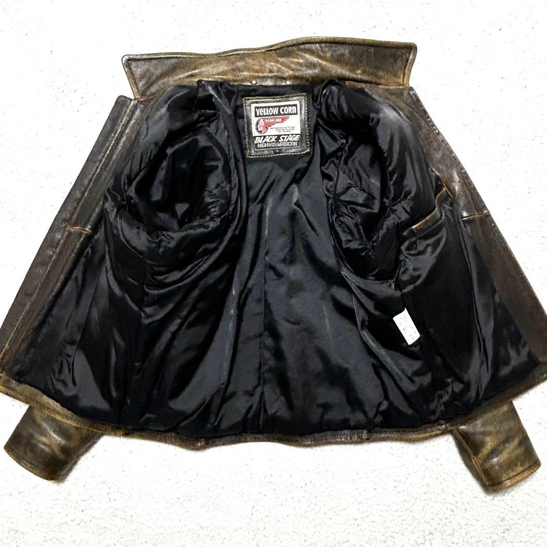 YeLLOW CORN シングルライダース 金刺繍 ロゴ ワッペン ブラウン L