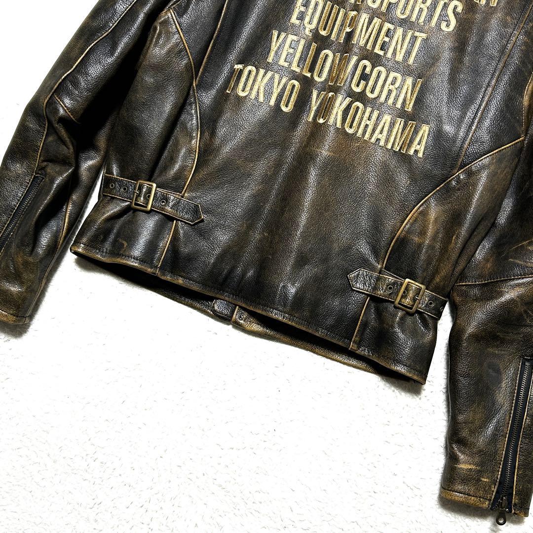 YeLLOW CORN シングルライダース 金刺繍 ロゴ ワッペン ブラウン L