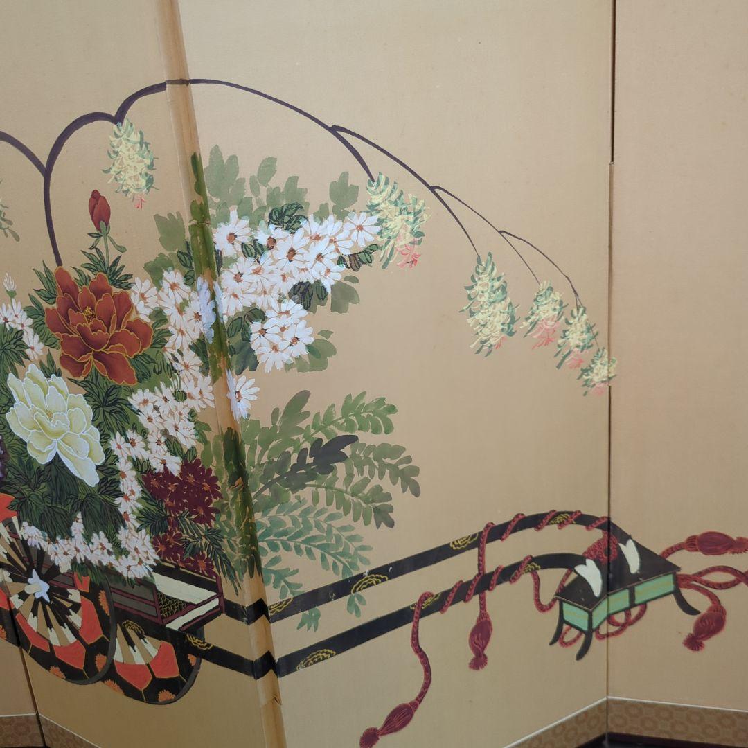 屏風 御所車 牡丹 衝立 間仕切り 手描き 折りたたみ 紙箱 ディスプレイ