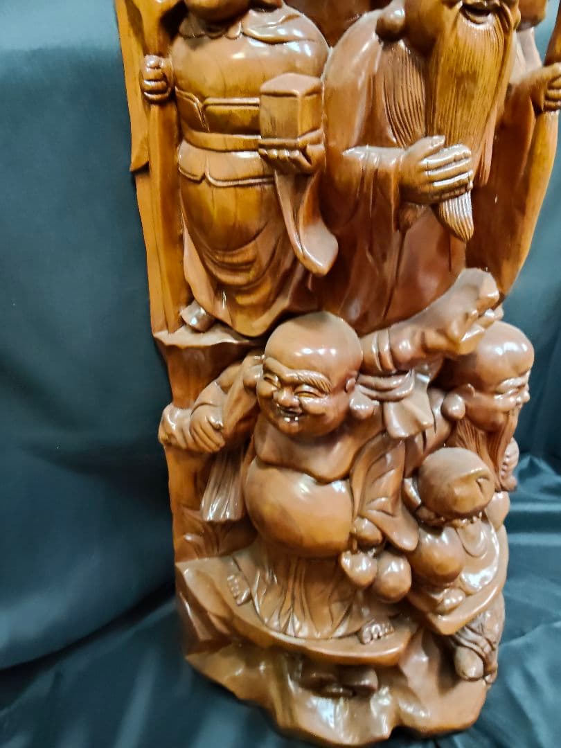 ​【大型・縁起物】木彫り 七福神 彫刻 置物 一刀彫 天然木 高さ135cm 欅
