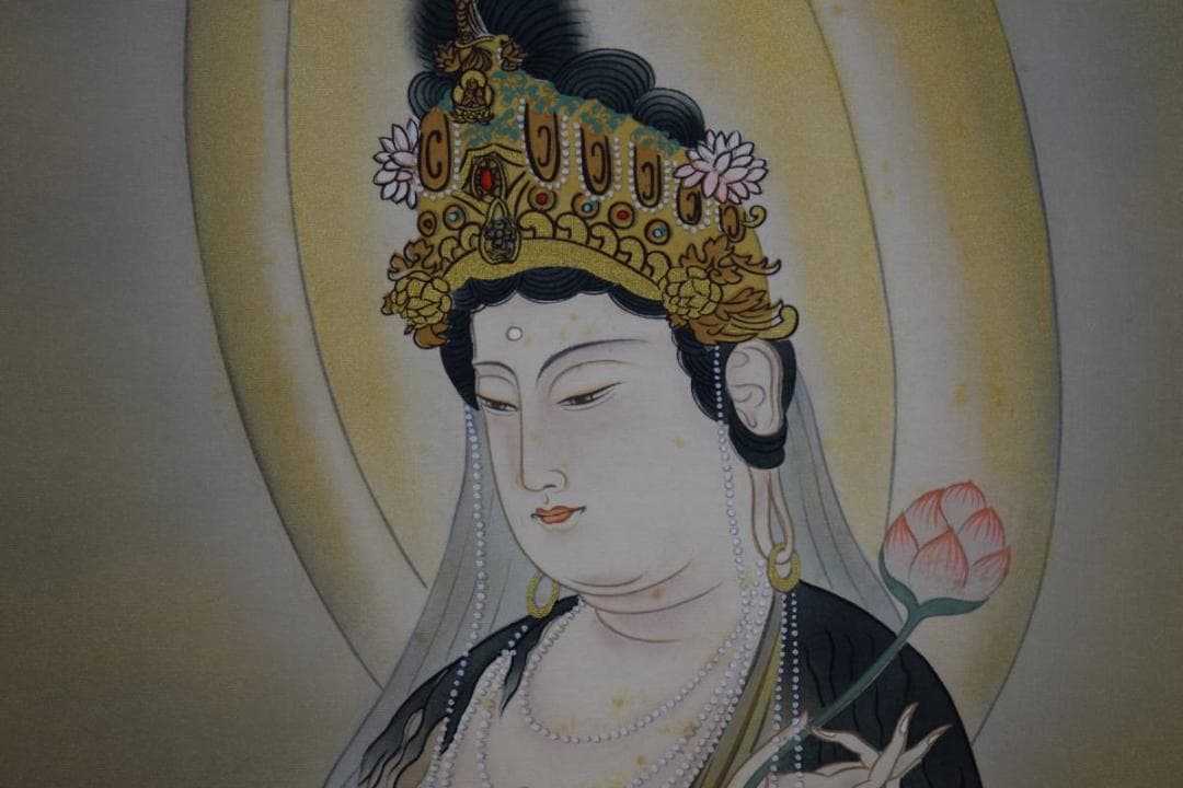 真作/翠峰/観音像図/桐共箱二重箱付/布袋屋掛軸HJ-217