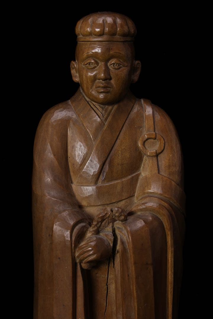 光刀 木彫 千利休像 26cm 在銘 天然木 彫刻 置物 人物像 骨董品 古美術