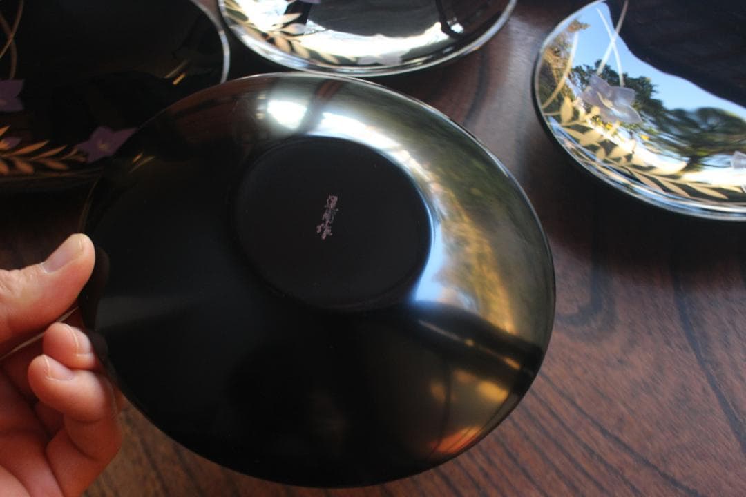 デッドストック！上質黒漆に優美な桔梗蒔絵の映える銘々皿5点（検輪島塗銘々皿蒔絵皿