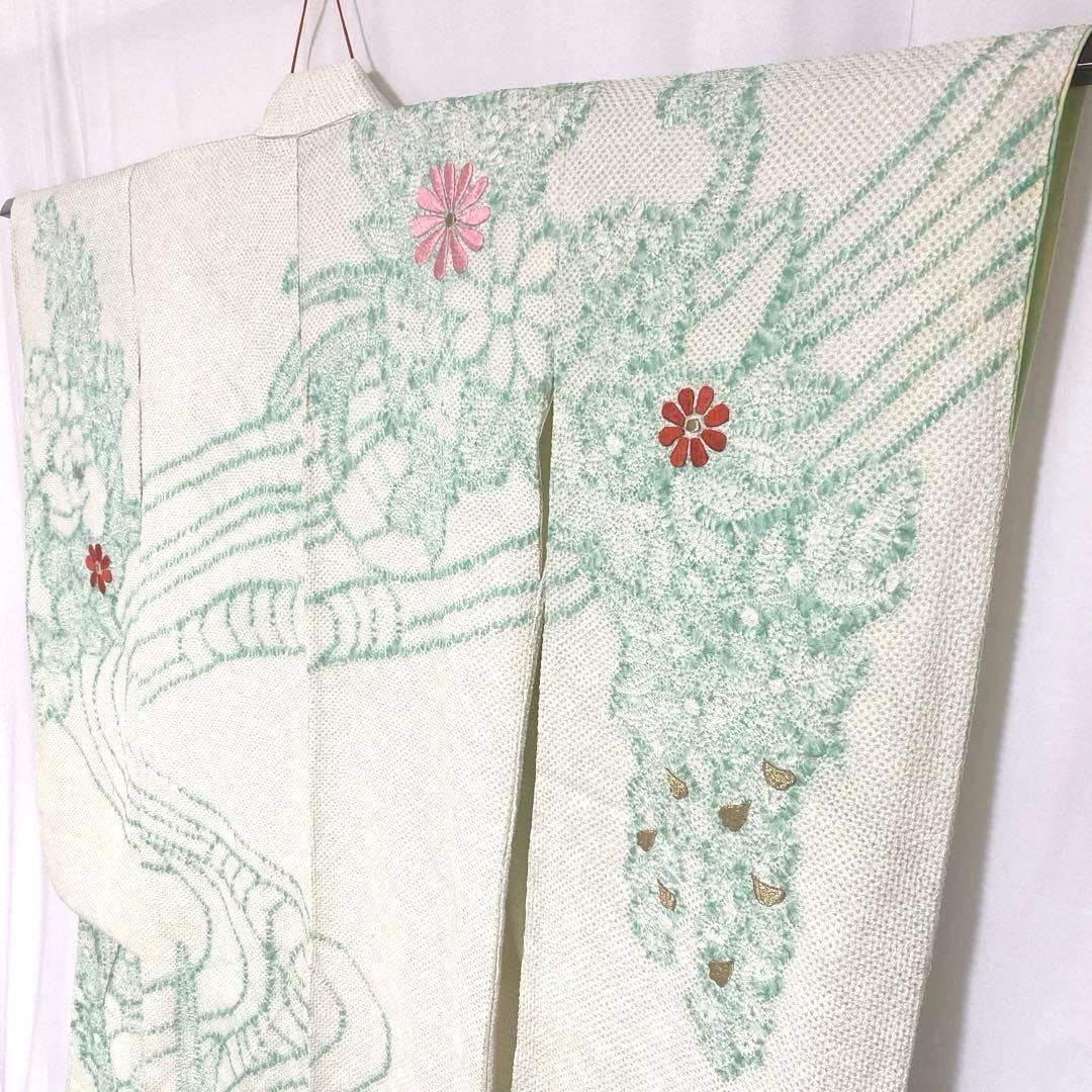 4k2103 振袖　正絹　袷　藤娘きぬたや　総絞り　刺繍　緑　白　赤　金色　花柄