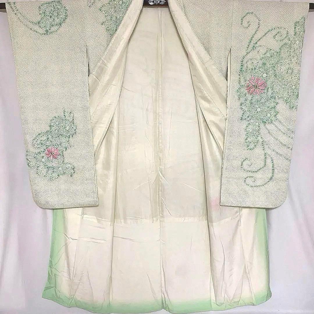 4k2103 振袖　正絹　袷　藤娘きぬたや　総絞り　刺繍　緑　白　赤　金色　花柄