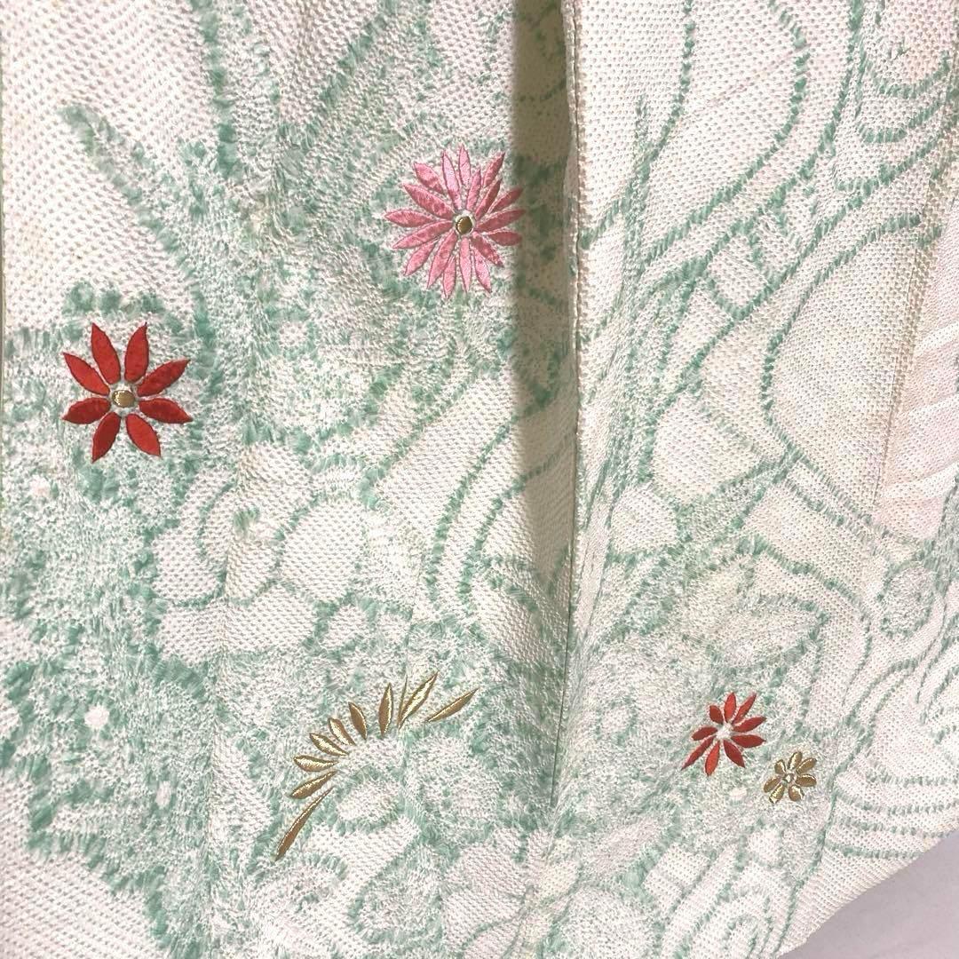 4k2103 振袖　正絹　袷　藤娘きぬたや　総絞り　刺繍　緑　白　赤　金色　花柄