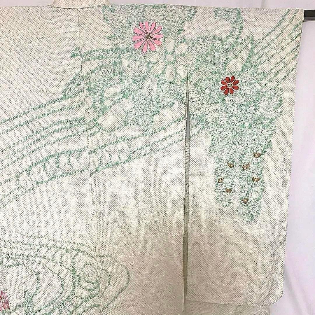 4k2103 振袖　正絹　袷　藤娘きぬたや　総絞り　刺繍　緑　白　赤　金色　花柄