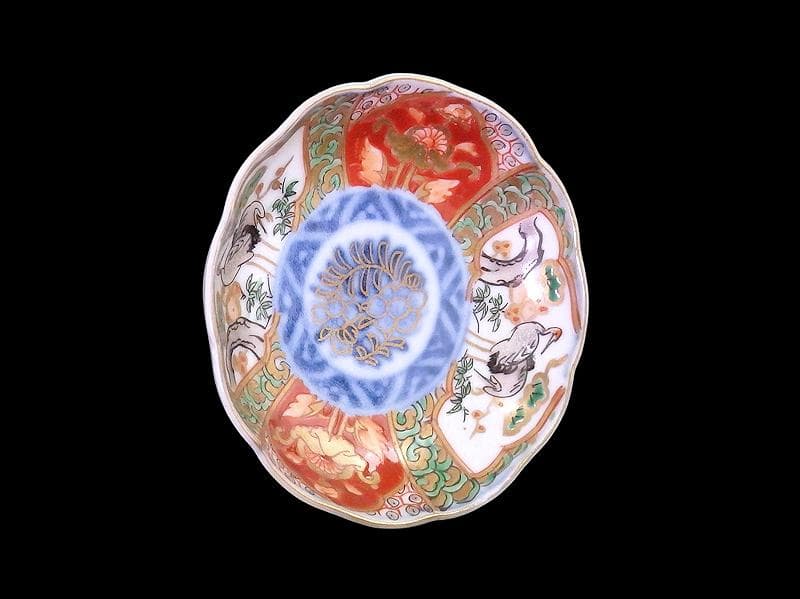 古伊万里　金襴手　松竹梅に双鶴　花の図　豆皿　E893AS-CTs