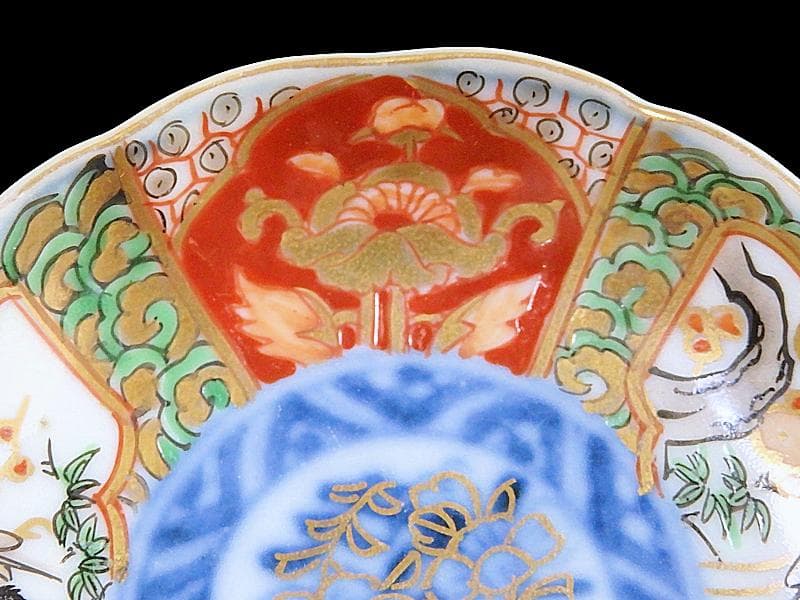 古伊万里　金襴手　松竹梅に双鶴　花の図　豆皿　E893AS-CTs