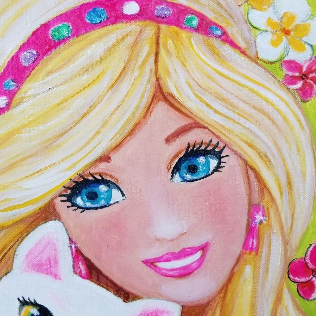 油絵　マミ　白猫とバービーちゃんのような私とプルメリア