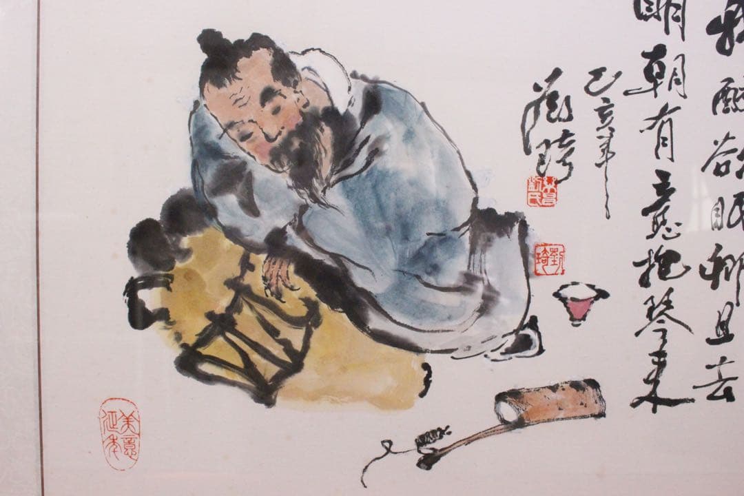 No4580 扁額装　墨彩画　人物図　書画　在銘　落款　肉筆紙本　絵画　送料無料