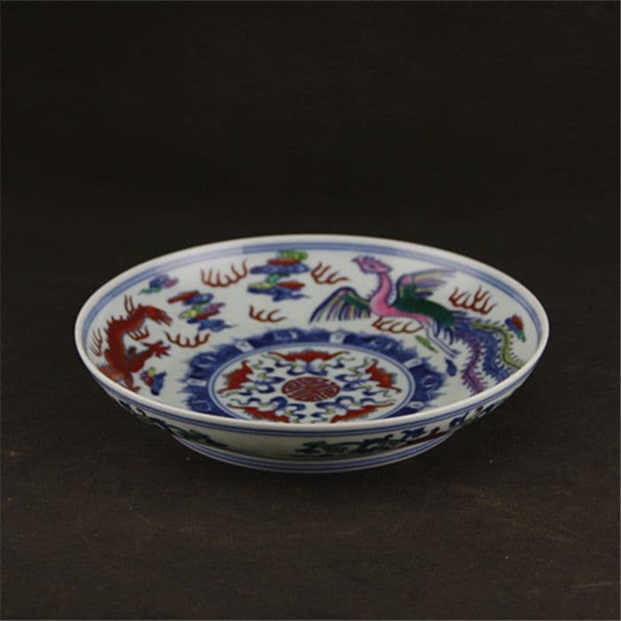 清雍正青花斗彩龍鳳図磁器皿  景徳鎮 陶磁器 装飾品 現代工芸品 美術品 置物