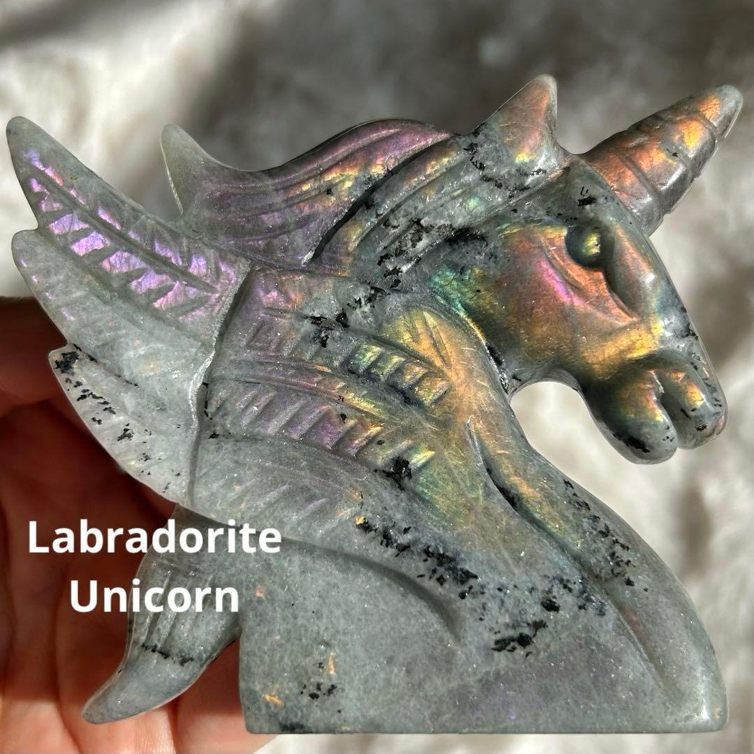 【 ラブラドライト ユニコーン ペガサス 彫物 鉱物 インテリア ユニサス　】