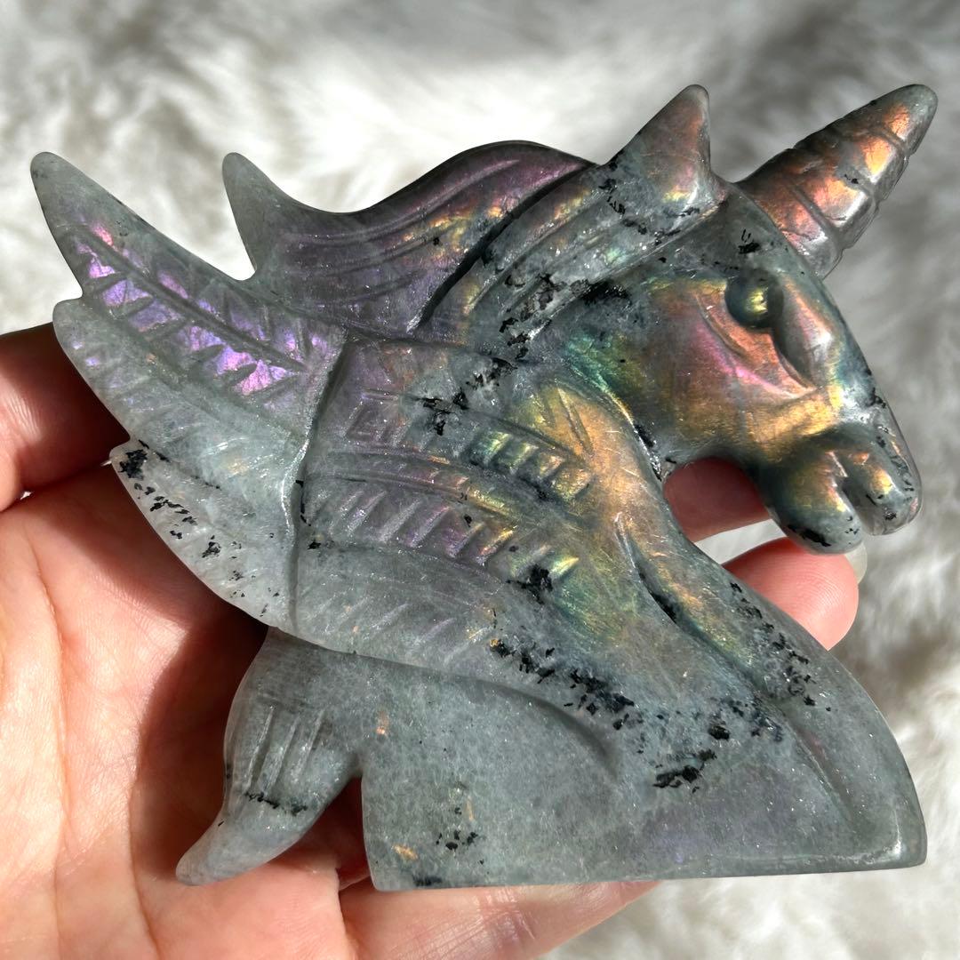 【 ラブラドライト ユニコーン ペガサス 彫物 鉱物 インテリア ユニサス　】