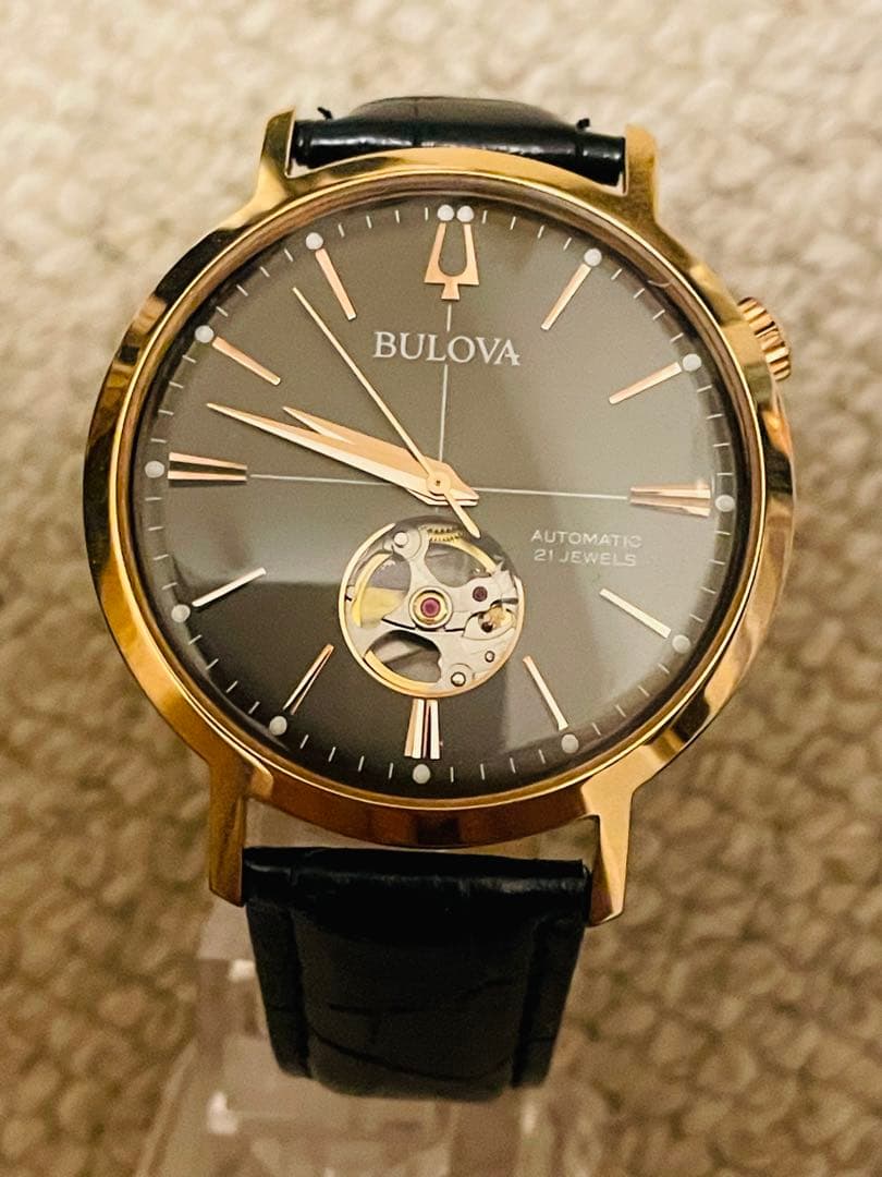 新*郎様 Bulova クラシック自動巻き ピンクゴールドブラック新品革ベルト交