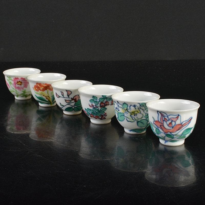 京焼　平安七甫作　色絵　模様絵変わり　花文　玉露碗　六客　共箱　M　R6838