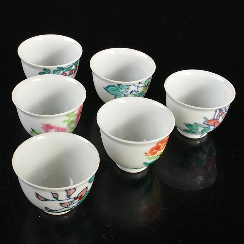 京焼　平安七甫作　色絵　模様絵変わり　花文　玉露碗　六客　共箱　M　R6838