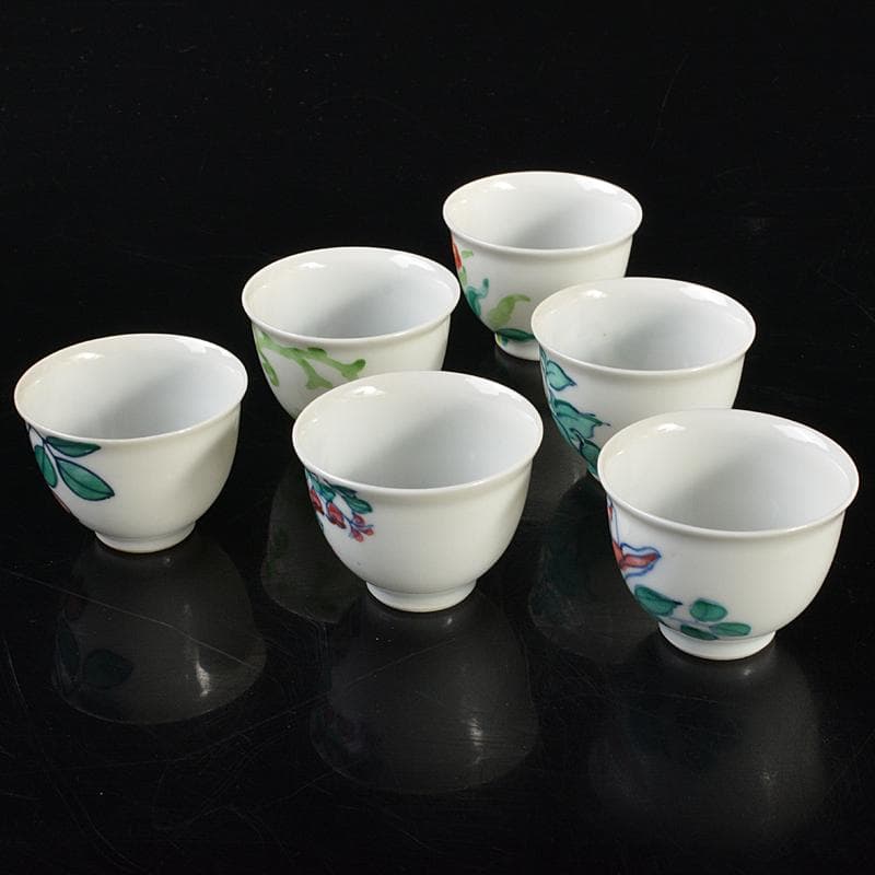 京焼　平安七甫作　色絵　模様絵変わり　花文　玉露碗　六客　共箱　M　R6838