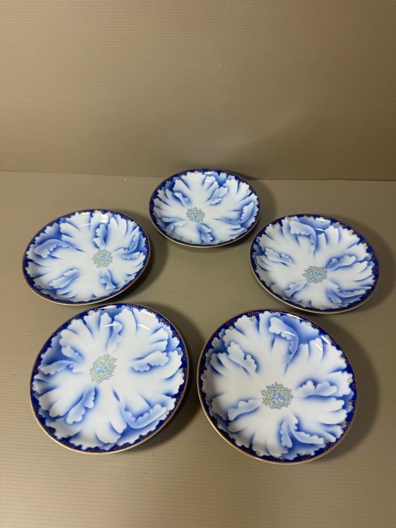 2142 深川製磁　牡丹金ミル　皿　5客　金彩