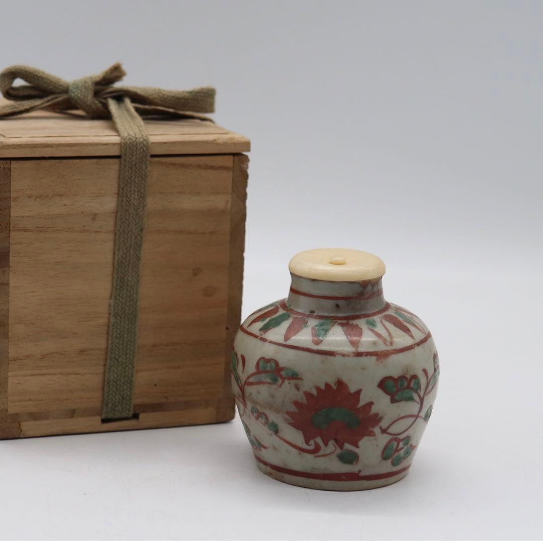 中国　明時代　紅緑彩茶壺　木箱入　送料込み0321