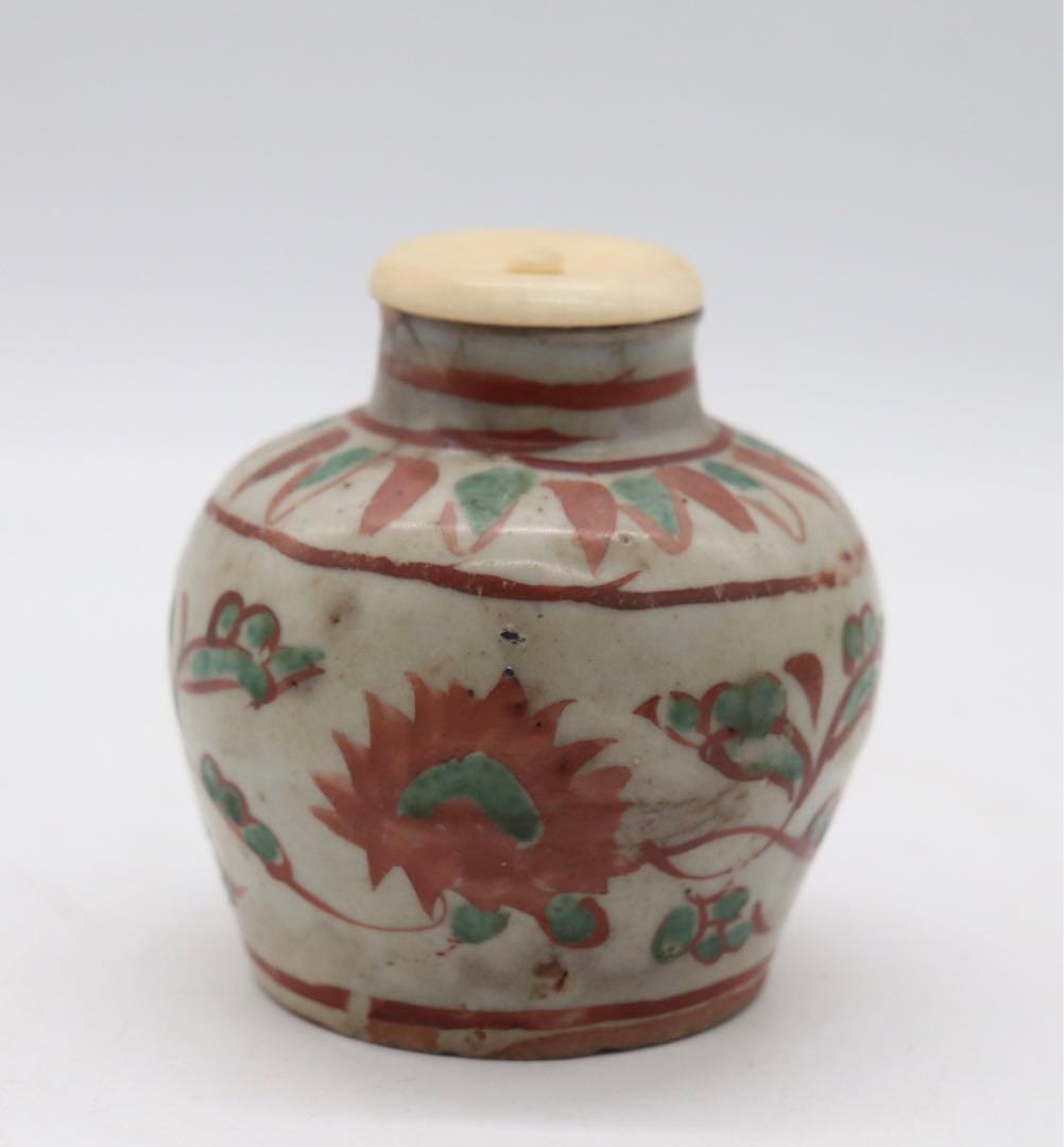 中国　明時代　紅緑彩茶壺　木箱入　送料込み0321