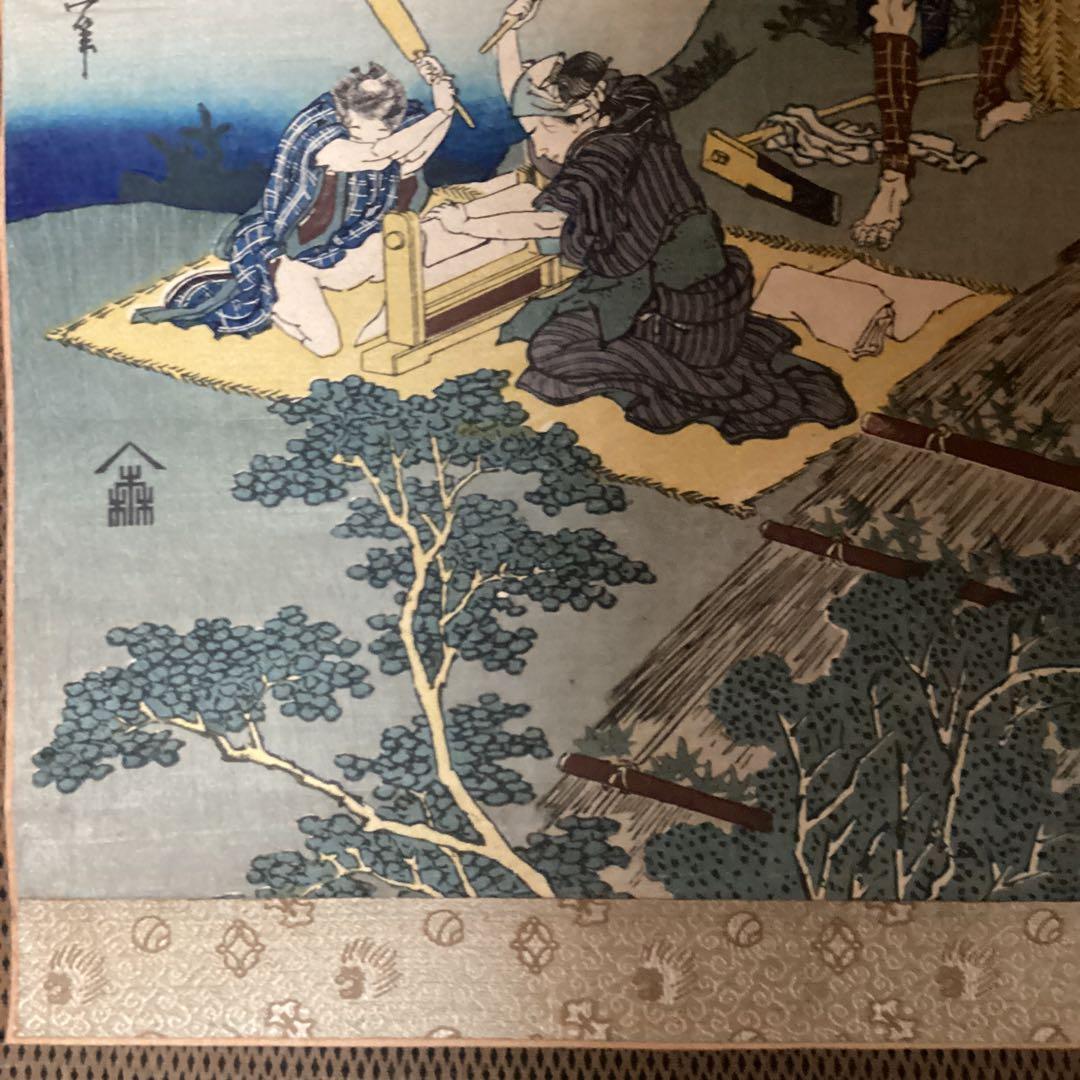 葛飾北斎　　浮世絵　【彩色木版刷り　砧打ち図】　絹本　掛け軸　桐箱