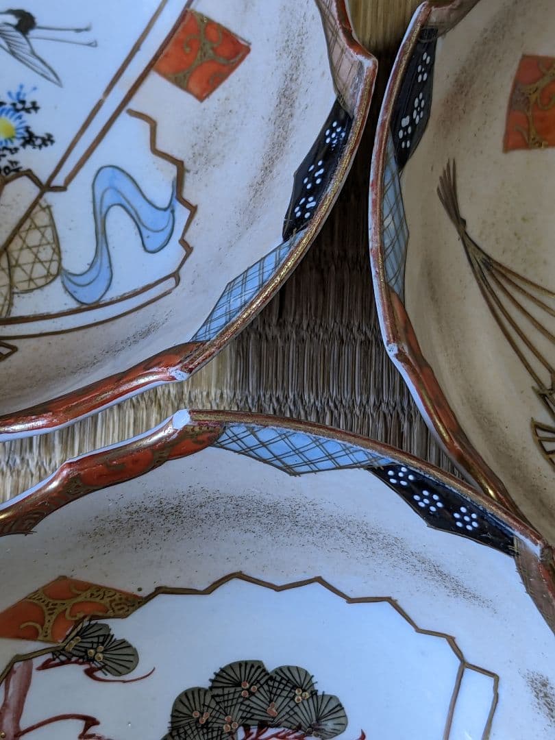 ♦九谷焼 明治時代 金彩色絵 団扇松鶴図 四方鉢 向付 茶道具 古美術 骨董品