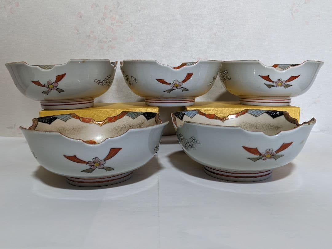 ♦九谷焼 明治時代 金彩色絵 団扇松鶴図 四方鉢 向付 茶道具 古美術 骨董品