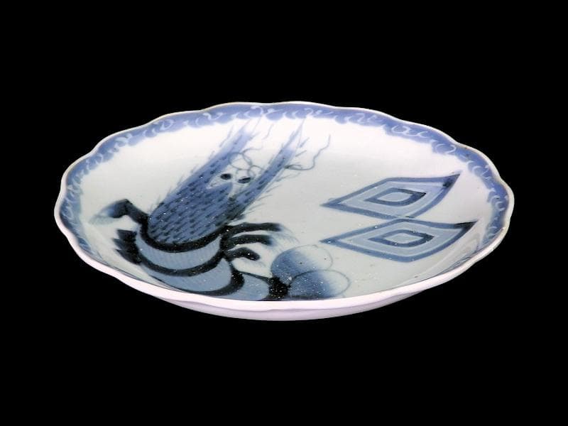 古伊万里　染付　海老に三枡紋の図　市川海老蔵　7寸皿　D813AS-CQb