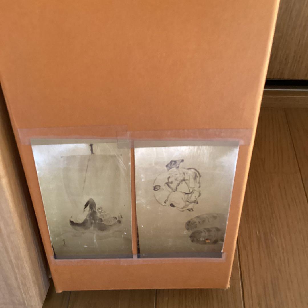 狩野周信　絹本水墨画双幅　【　恵比寿大黒　宝舟図　】　桐箱　タトウ箱　　586