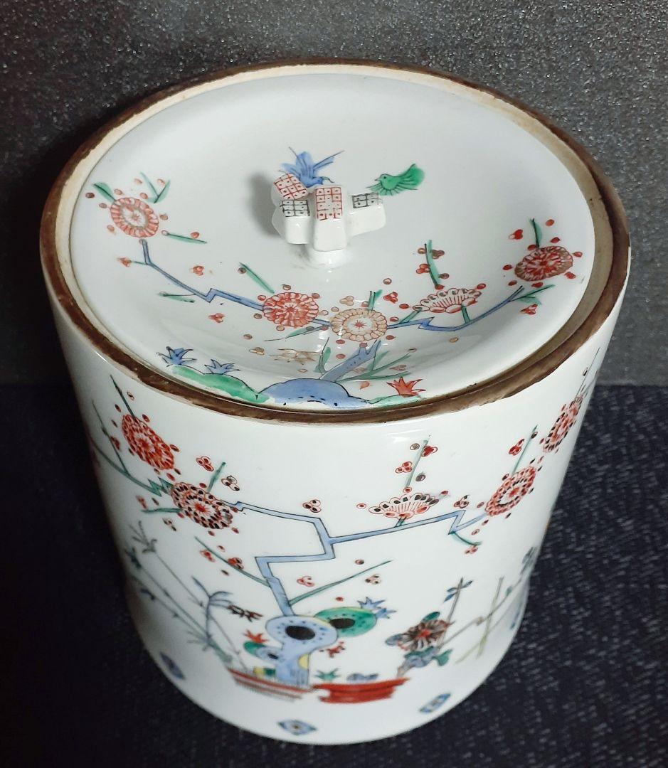 明治時代～大正時代ころ　錦手　【柿右衛門手】　梅に鶯　生垣図　水指　茶道具　茶器