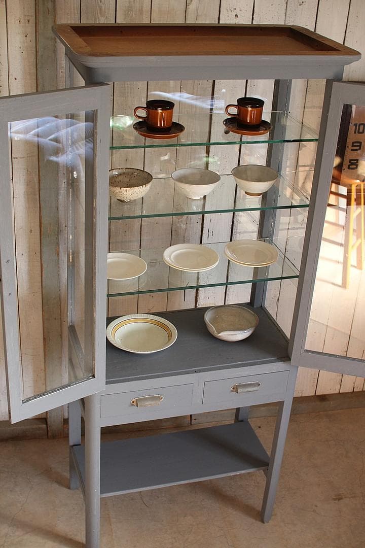 古い木枠ガラスケース　ケビント　ドクターキャビネット