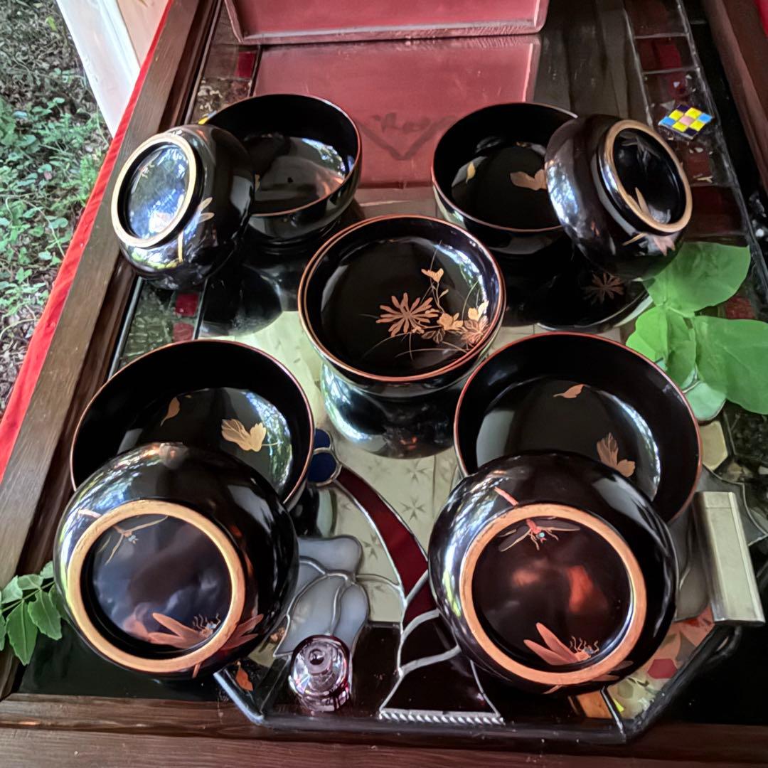 Y様へ感謝お嫁入‼️JAPAN螺鈿蒔絵『蜻蛉かげろう＆菊＆木蓮』真塗金縁吸物椀3客