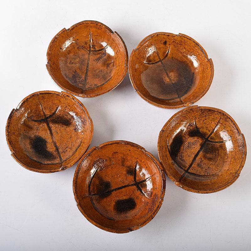 和食器　大樋焼　大樋長楽造　飴釉　柏葉　向皿　5客　共箱　M　R8141