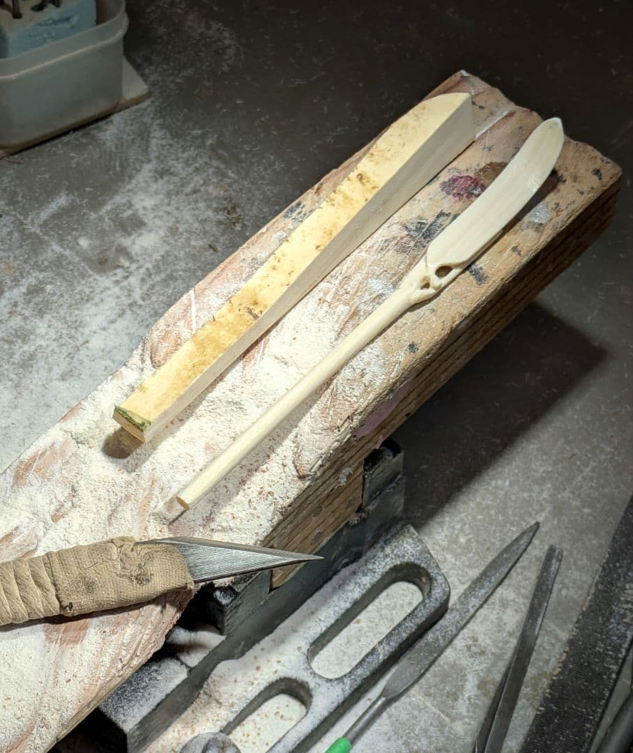 【閉店売り尽し】手彫茶杓　笹之葉型短寸（箱入仕覆寸）