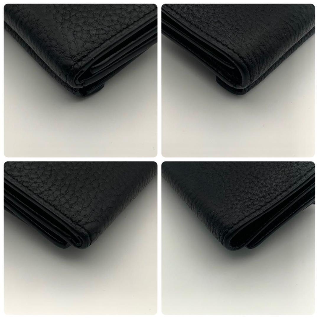 鑑定済み プラダ 三つ折り 財布 Wホック レザー シボ革 コンパクト 黒