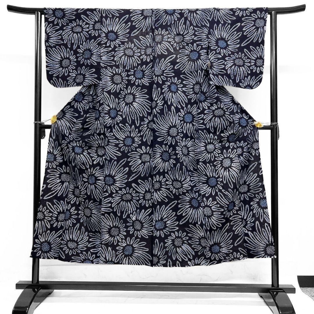 向日葵　花模様　藍染　浴衣　有松鳴海絞り　着物　035a p