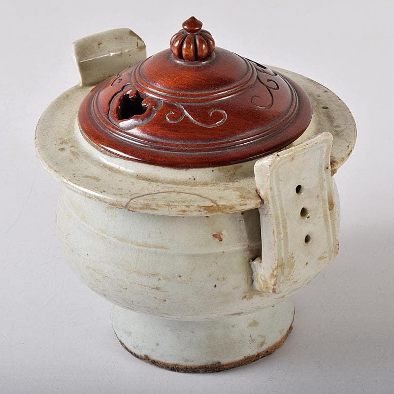 朝鮮美術　李朝　白磁　双耳香炉　唐木蓋付　U　R8373